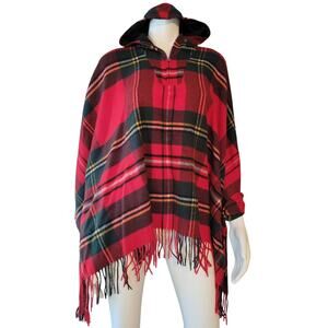 L.L. Bean Signature Wool Red Blanket Poncho 1/4 Zip & Lined Hood Fringe Tartan